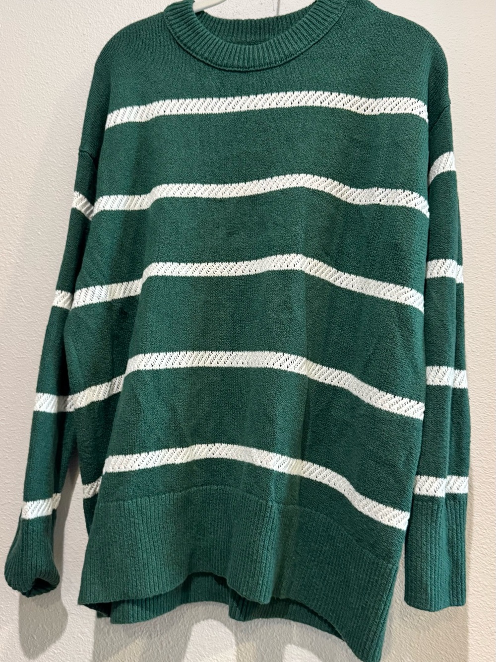aerie Green and White Striped Crewneck Sweater